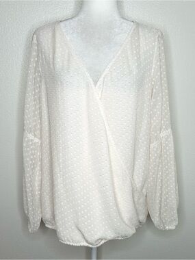 LOFT Womens Ivory Swiss Dots Long Sleeve Sheer Faux Wrap Top Blouse Size L